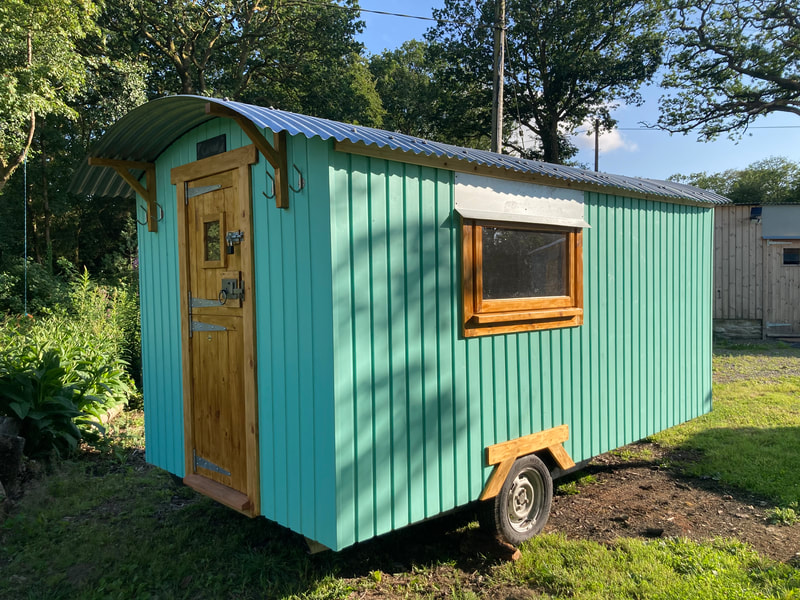 A teal-clad shepherd's hut with a pale timber door, standing in a garden on a sunny evening.